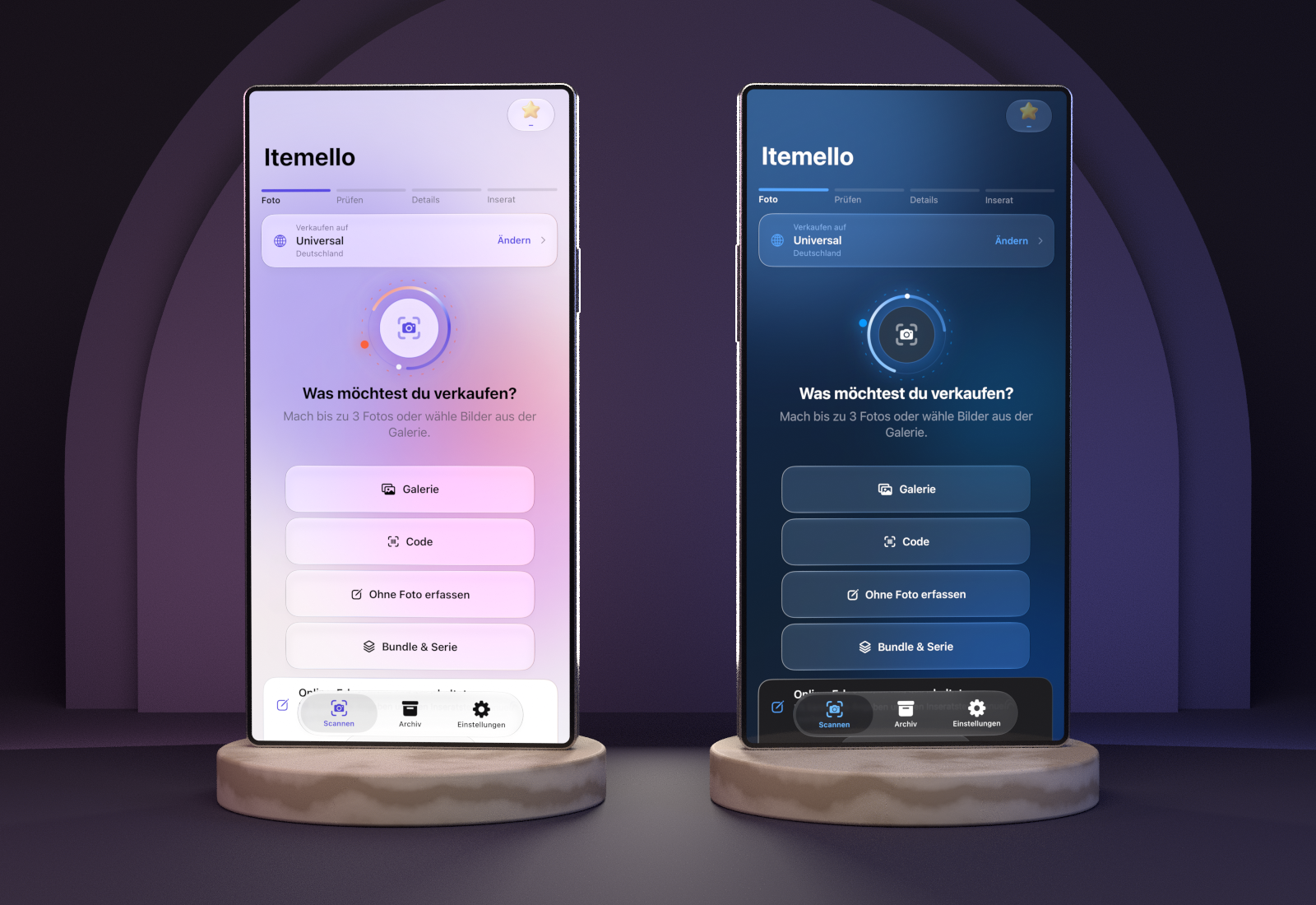 Itemello in zwei App-Looks: Aurora links, Dark Cosmos rechts.